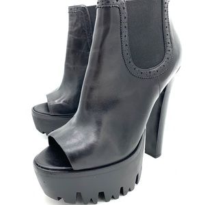 Versus Versace Black Leather Platform Peep Toe Ankle Boots